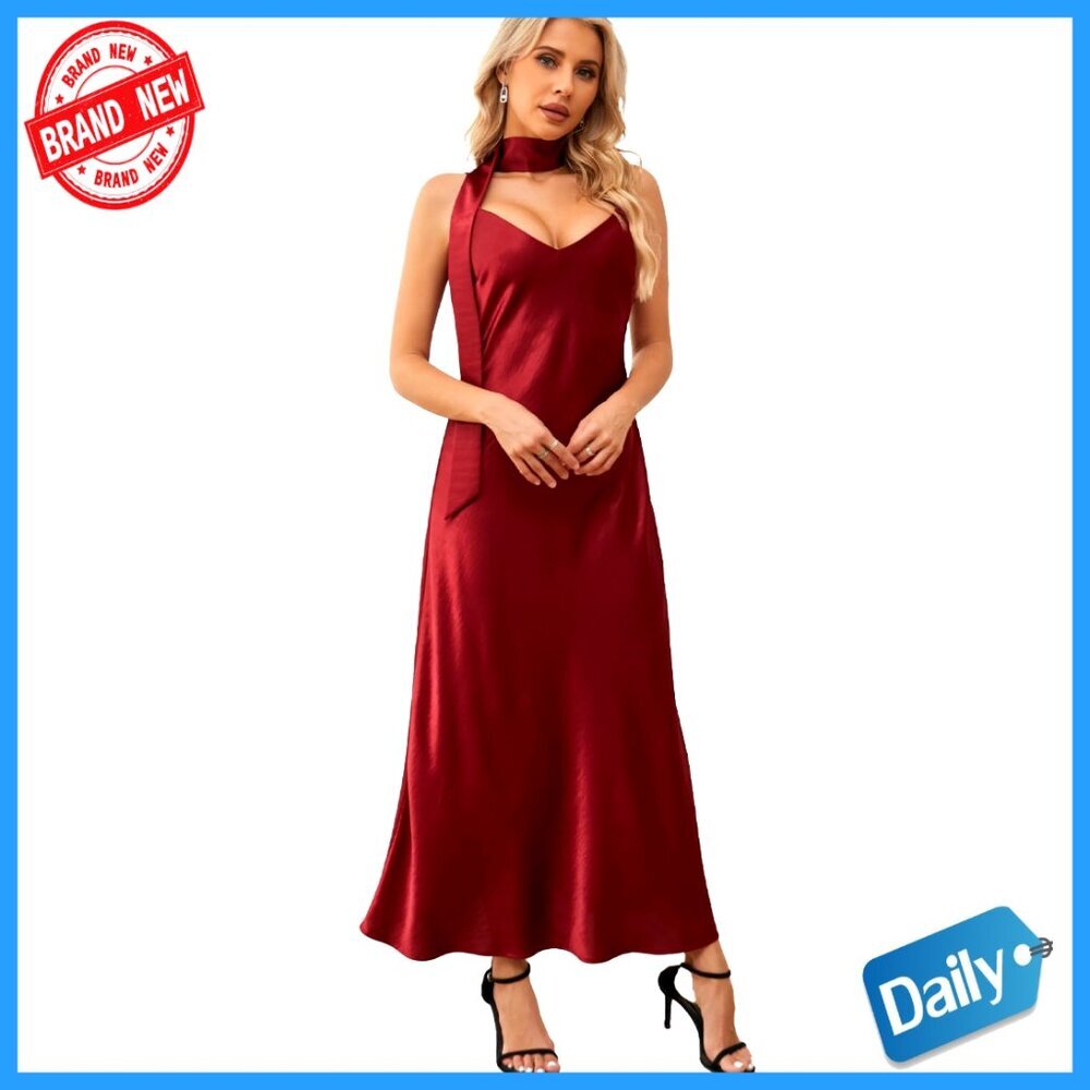 Elegant V-Neck Satin Slip Maxi Dress Detachable Scarf Formal Evening Wear